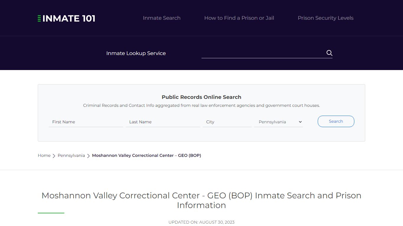 Moshannon Valley Correctional Center - GEO (BOP) Inmate Search ...