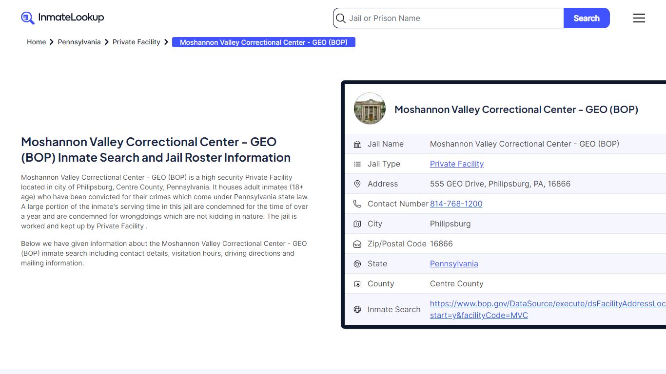 Moshannon Valley Correctional Center - GEO (BOP) Inmate Search, Jail ...